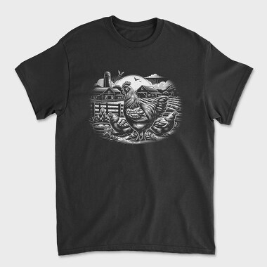 Monochrome Farm Chicken Illustration, Tricou Barbati (Unisex)